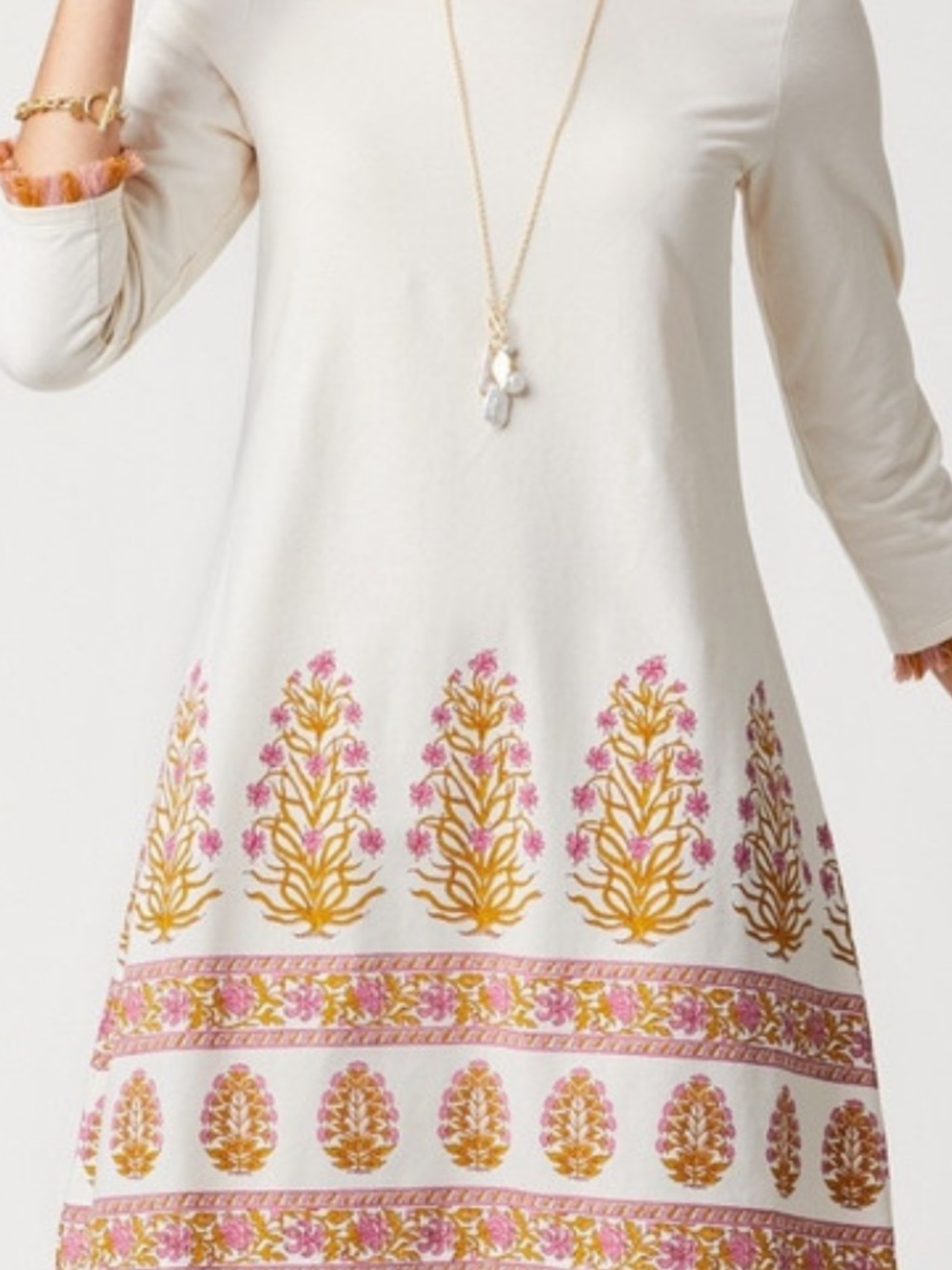 Spartina Island Fringe Pepper Hall Border Midi Dress — Pink & Gold Embroidery